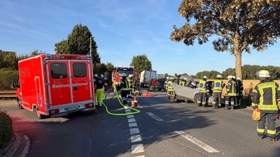 An der Unfallstelle: Einsatzkräfte der Feuerwehr und des Rettungsdienstes. (Foto: Feuerwehr)