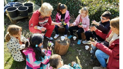 Die Kinder bereiten sich auf das Pflanzen von Hornveilchen vor. (Foto: privat)
