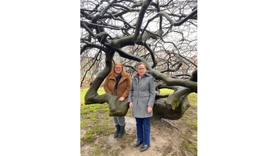 Die Erste Kreisrätin des Landkreises Schaumburg, Andrea Stüdemann und die Geschäftsführerin der Schaumburger Landschaft, Dr. Lu Seegers, rufen vor der Süntelbuche am Kreishaus in Stadthagen zur Bewerbung um den Kulturpreis des Landkreises auf. (Foto: Schaumburger Landschaft)