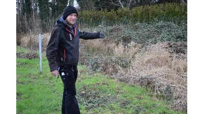 Hier, so Zech, sollte eigentlich die Flutmulde ihren Dienst tun. Was zu sehen ist: Starker Bewuchs durch Brombeerbüsche und auch Bäume stehen im Durchfluss. Die gelbe Linie markiert den Hochwasserstand von Dezember 2023. (Foto: ste)