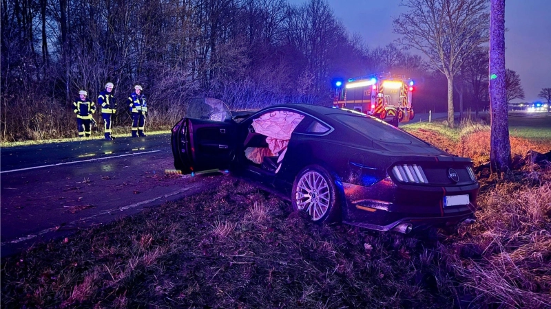 Die Unfallstelle: Ein Auto ist auf der B441 gegen einen Baum geprallt.  (Foto: Feuerwehr)