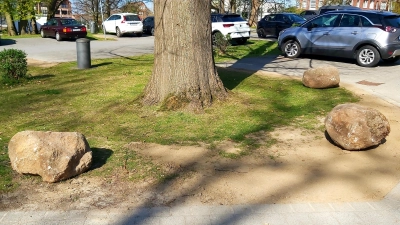 Erdreichausgleich, frische Rasenaussaat und die gelegten Findlinge als Schutzbarrieren. (Foto: gk)