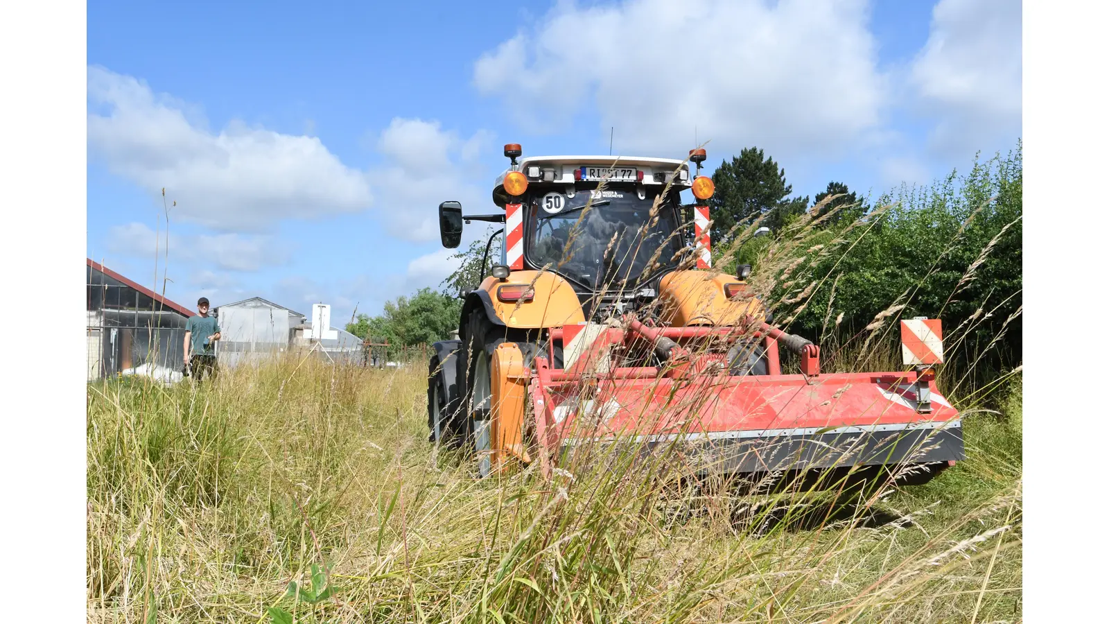 Nachdem Eike Zech sich (wieder einmal) bei der Stadt über den Bewuchs im Flutgraben beschwert hat, kam genau zum Interviewtermin auch ein Mitarbeiter zum Mähen vorbei. (Foto: nd)