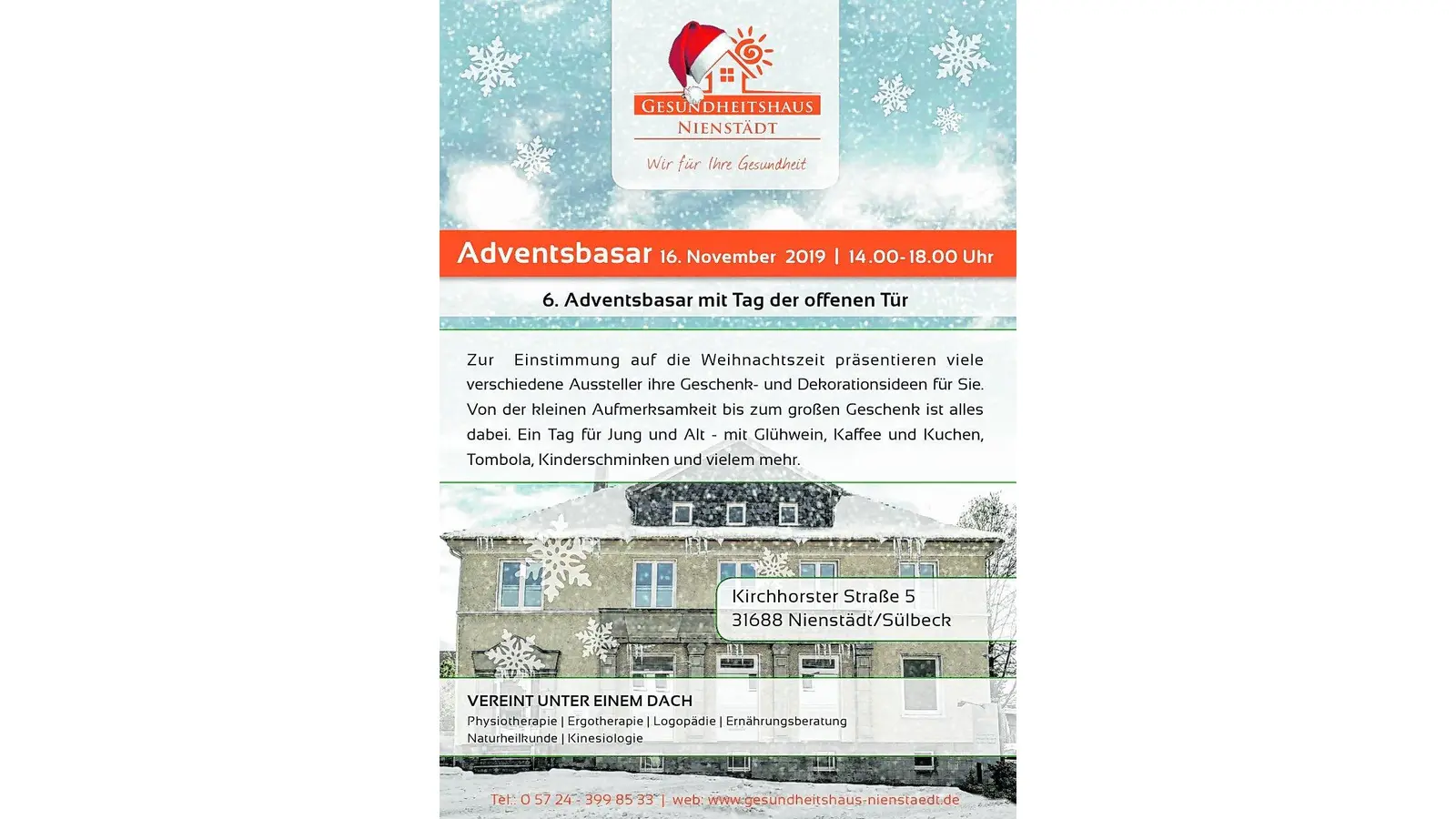 Wieder großer Adventsbasar NIENSTAeDT (mk). Zur Einstimmung auf die Weihnachtszeit präsentieren viele verschiedene Aussteller ihre Geschenk- und Dekorationsideen im Rahmen des sechsten Adventsbasares im Gesundheitshaus Nienstädt. Von der kleinen Aufmerksamkeit bis zum großen Geschenk ist alles dabei. Ein Tag für Jung und Alt   mit Glühwein, Kaffee und Kuchen, Tombola, Kinderschminken und vielem mehr.Zugleich können sich die Besucherinnen und Besucher im Rahmen des &#39;Tag der offenen Tür&#39; über die Leistungen des Gesundheitshauses informieren. (Foto: red)