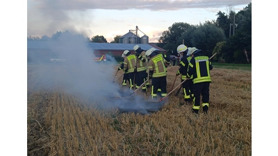 Die Ortsfeuerwehr übte dabei unterschiedliche Löschtechniken, unter anderem fanden dabei Feuerpatschen und D-Strahlrohre Anwendung. (Foto: privat)