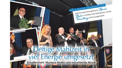 Die Gäste des Schaffermahls feiern ausgelassen im Ratskeller. (Foto: Montage)