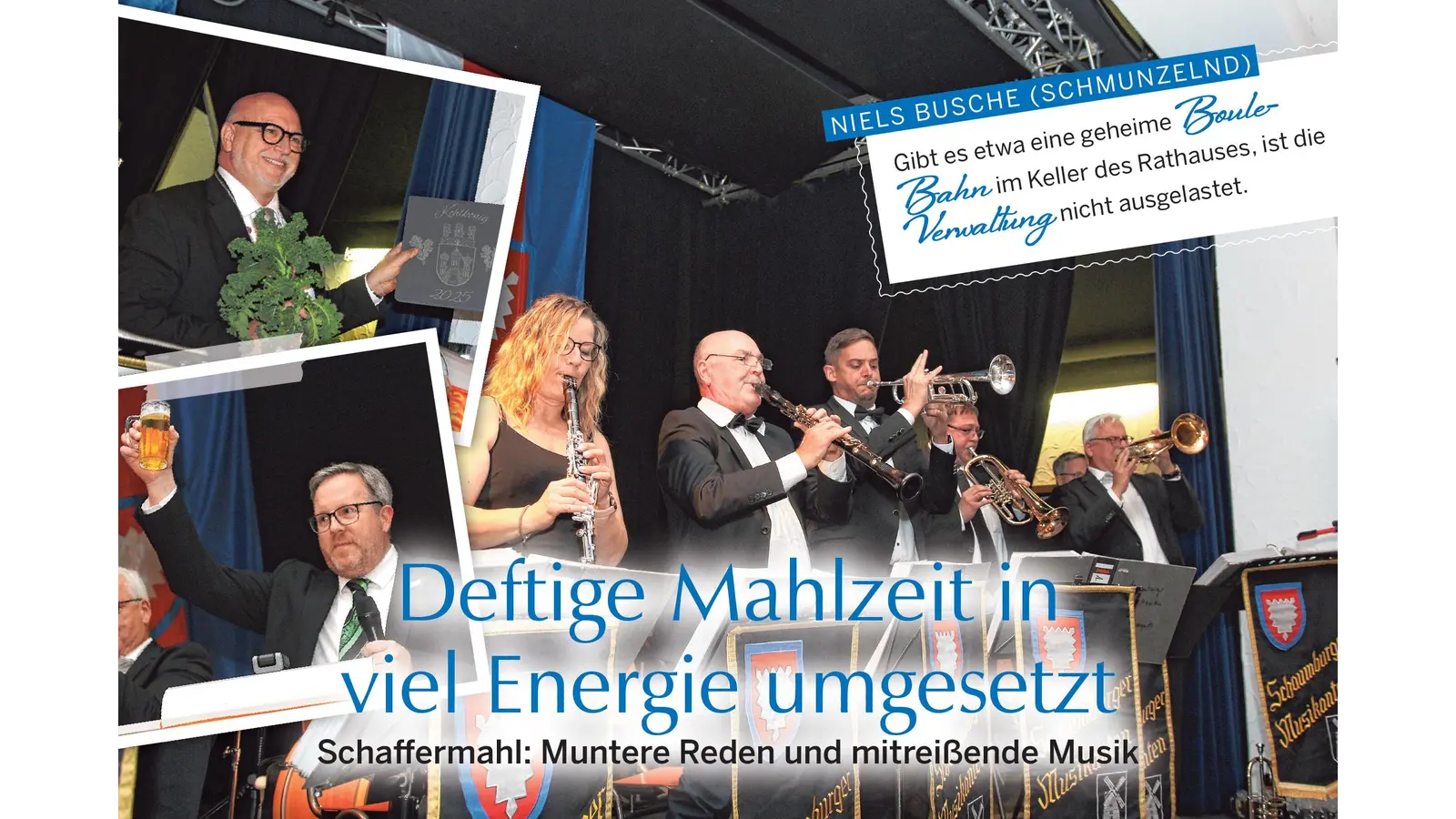 Die Gäste des Schaffermahls feiern ausgelassen im Ratskeller. (Foto: Montage)