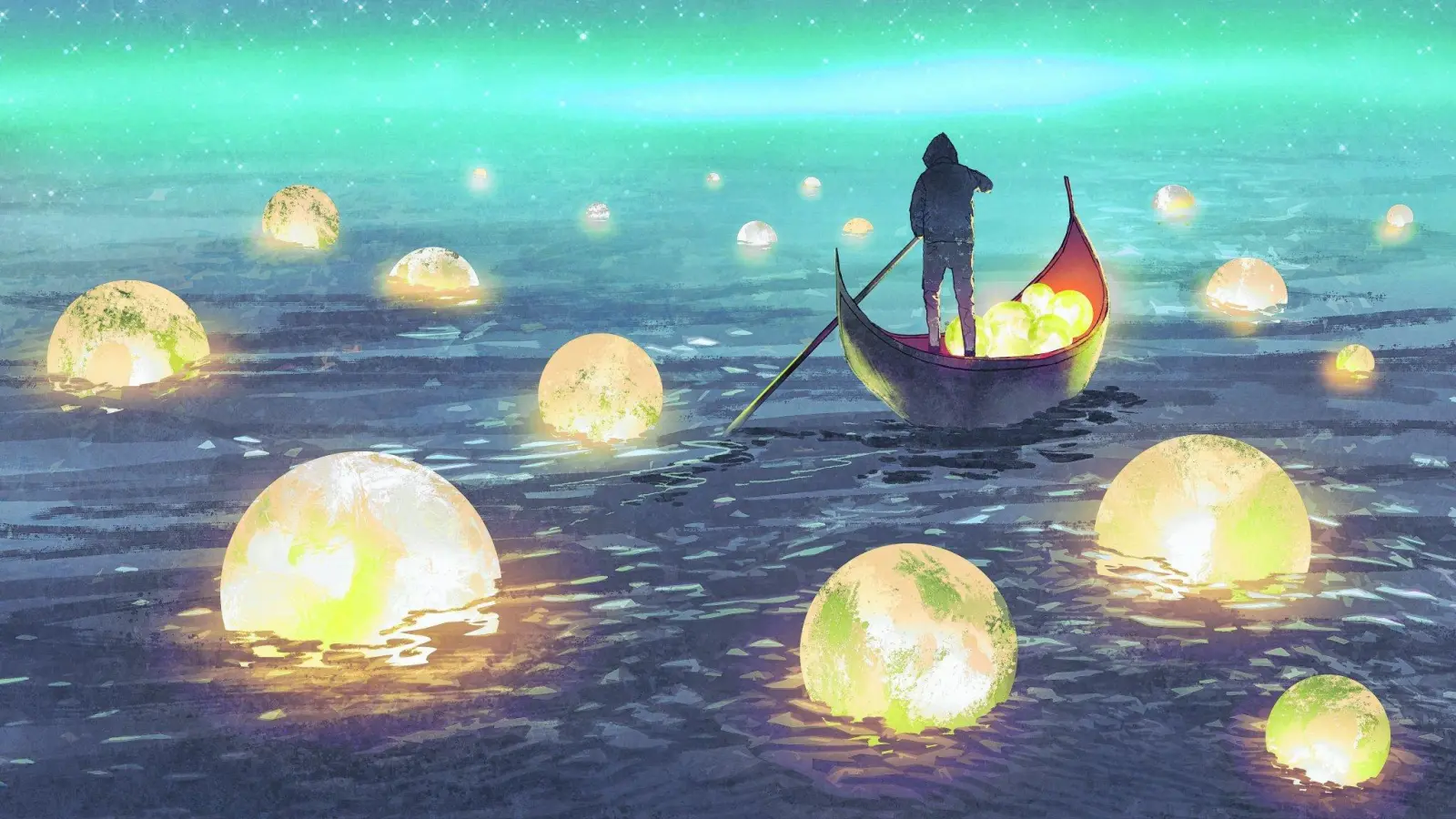 night scenery of a man rowing a boat among many glowing moons floating on the sea, digital art style, illustration painting (Foto: red)