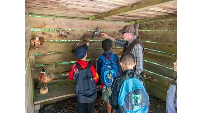 Hermann Platte, Zweiter Vorsitzender der Jägerschaft Schaumburg, erklärt einer Gruppe Kindern an einer Station die Vögel im Wald (Foto: wk)