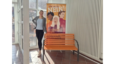 Luise Brechbühler, die Gleichstellungsbeauftragte der Stadt Stadthagen, hofft auf hohe Gebote bei der Versteigerung der „Orange Bank”.<br> (Foto: Stadt Stadthagen)